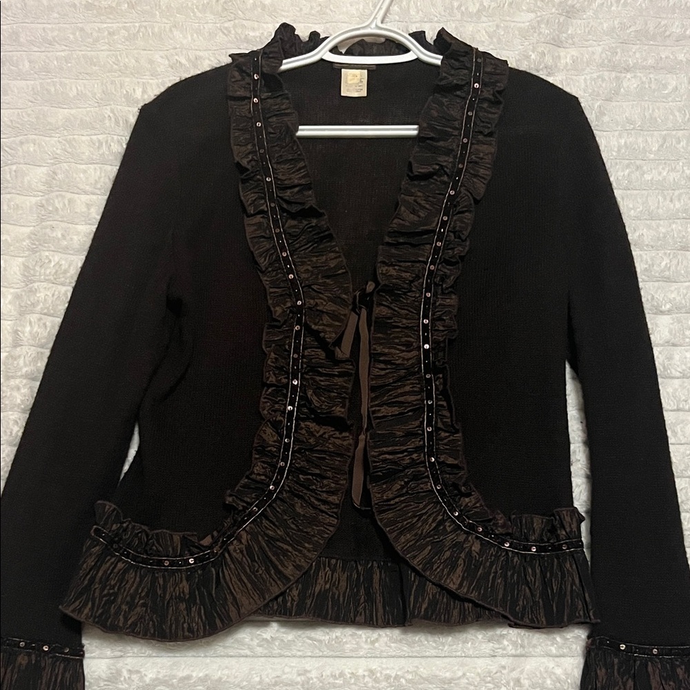 Y2K brown ruffle tie sweater